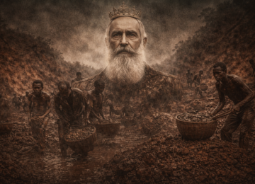 Symbolic image of King Leopold II looming over Congolese laborers working under harsh colonial conditions