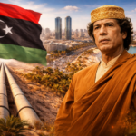 Muammar Gaddafi with Libyan flag, Tripoli cityscape, and Great Man-Made River pipelines in the desert