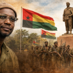 Amílcar Cabral with PAIGC freedom fighters, national flags, and monument in Guinea-Bissau during the liberation struggle