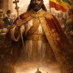 Emperor Menelik II of Ethiopia in royal attire with crown and scepter, surrounded by diplomats and Ethiopian flag