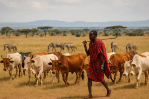 A Maasai herder walking with cattle while zebras graze nearby.