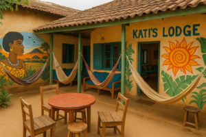 A colorful East African backpacker hostel with hammocks and shared spaces.