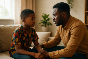 African father having a thoughtful conversation with his child.