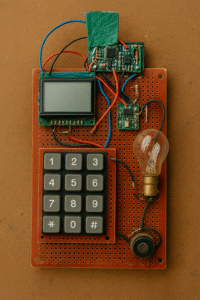 A handmade electronic device built from recycled components and wiring.