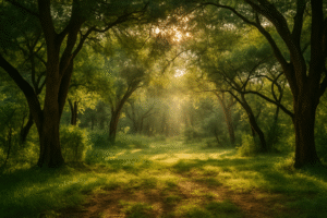 A quiet sacred grove in Maasai land with sunlight filtering through trees.