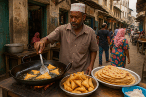 Street vendor preparing chapati and samosas over a charcoal stove.