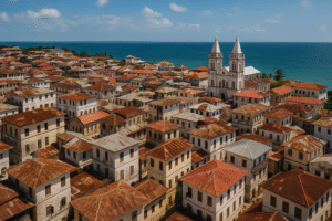 Aerial view of Stone Town’s maze-like streets and coral-stone buildings overlooking the Indian Ocean.