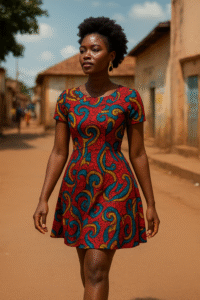 Confident African woman walking in a stylish Ankara dress designed by a local fashion brand
