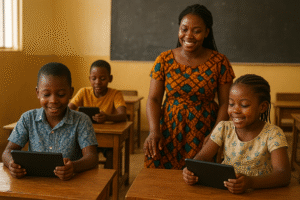 Students in a modern African classroom using digital tools.