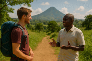 Backpacker consulting a local guide outdoors.