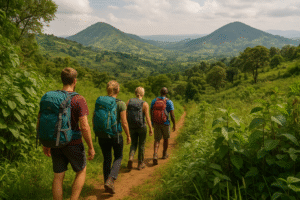 Travelers hiking along a scenic East African mountain trail.