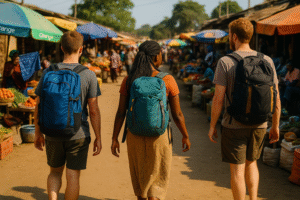 Backpackers navigating a lively East African market lined with vendors.