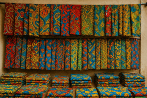 Bright African fabrics such as Kente and Ankara arranged in a vibrant marketplace