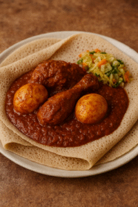 Doro Wat served with injera, accompanied by boiled eggs and vegetable sides.
