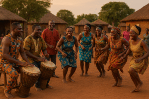 African villagers dancing and drumming in a traditional ceremony.