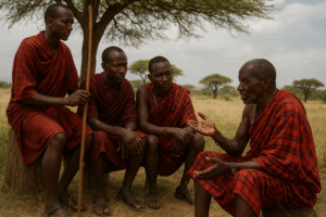 Elder Maasai speaking to young warriors under an acacia tree.