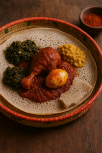 Traditional Ethiopian meal featuring injera with Doro Wat served on a woven tray.