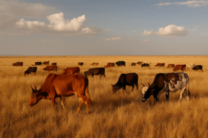 Maasai cattle grazing in golden grasslands beneath a wide sky.