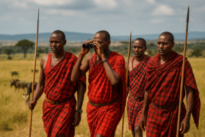 Maasai rangers walking on patrol with binoculars and spears