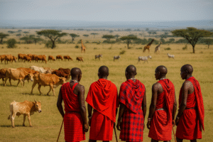 Maasai warriors standing on open savannah with cattle and wildlife in the distance.