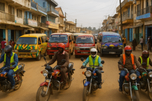 Matatus and motorbikes in motion through a lively East African street.
