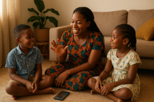 African mother teaching children through storytelling and digital aids.