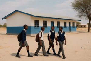 Namibian students walking near a rural school block in northern Namibia.