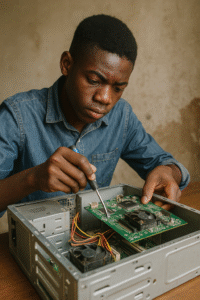 Namibian teenager assembling electronic parts on a wooden table.