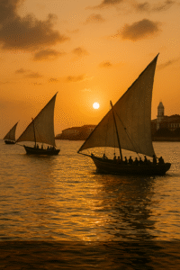 Traditional dhows sailing near Stone Town at sunset.