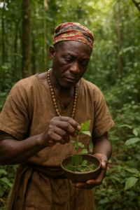 African healer collecting medicinal herbs from nature