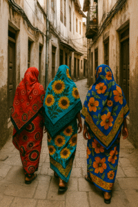 Women in colorful kangas walking through Stone Town’s narrow alleys.