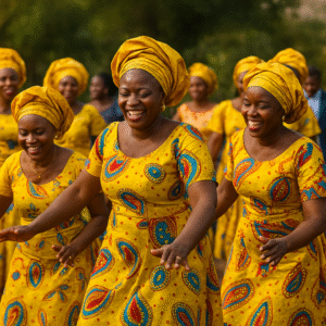 African women dancing joyfully at a wedding ceremony.