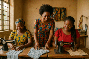 African women sewing garments in a local fashion design studio