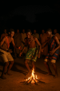 African youth performing initiation dances at night.