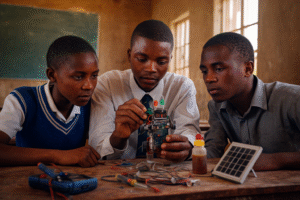 African teenagers working on a science project in a rural classroom.