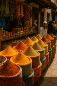 Vibrant piles of spices in a Stone Town street market.