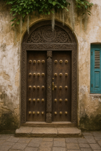 Close-up of a traditional Zanzibari carved wooden door with brass studs.
