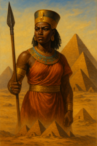 Artistic depiction of Queen Amanirenas holding a spear with pyramids in the background.