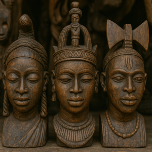 Carved wooden Yoruba masks representing Orisha deities.