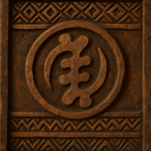 Gye Nyame symbol engraved on traditional Akan wooden carving.