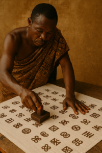Akan artisan hand-stamping Adinkra symbols onto cotton cloth.