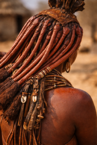 Traditional Himba braided hairstyles covered with red ochre indicating age and social status