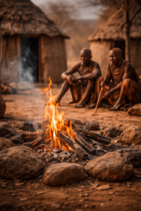 Sacred okuruwo fire burning in a Himba homestead as elders maintain ancestral rituals