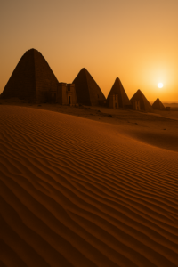 Meroë pyramids at sunrise with long shadows cast across the desert sands.