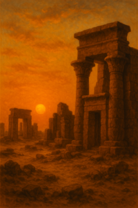 Ruins of ancient Kushite temples under a glowing African sunset.
