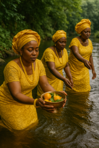 Women in yellow and gold clothing performing a river ritual for Oshun.