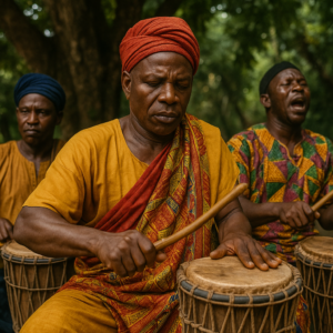 Yoruba drummers performing powerful Shango rhythms.