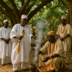 Yoruba priests performing a traditional ritual under ancient trees.