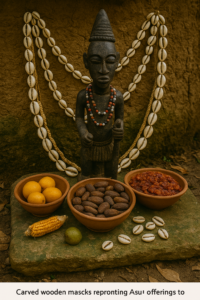 Yoruba shrine adorned with cowries, kola nuts, and offerings to Esu.