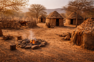 Traditional Himba homestead in northern Namibia where daily rituals shape community life